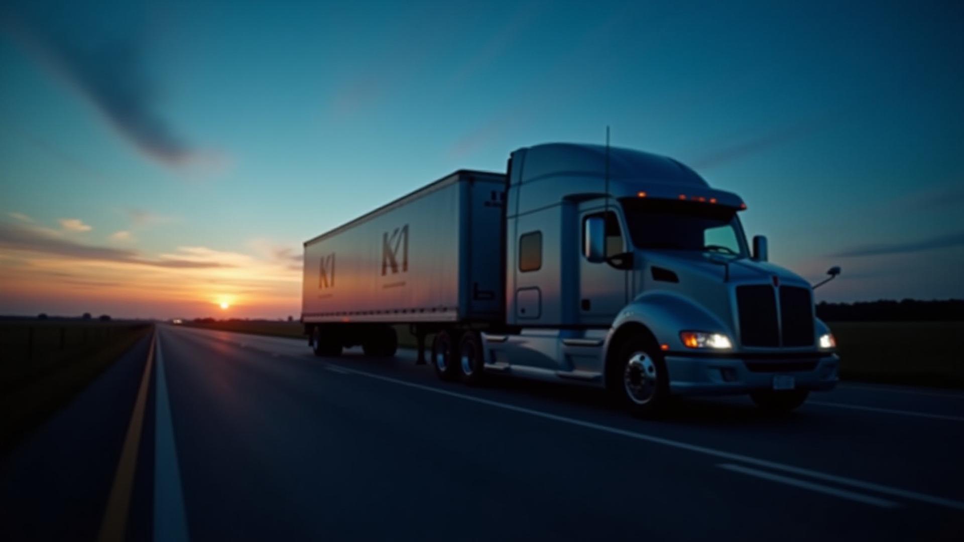 K1 Trucking semi-trailer on highway at sunset