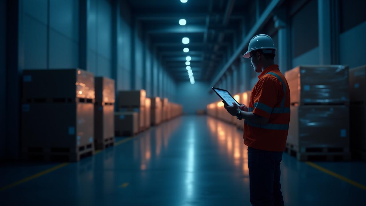 Logistics professional inspecting consolidated freight in a high-tech warehouse