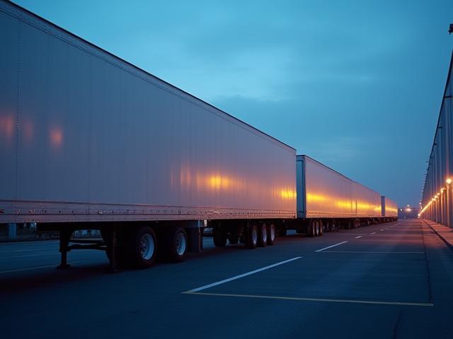 Row of clean white K1 Xpress trucks in a logistics terminal